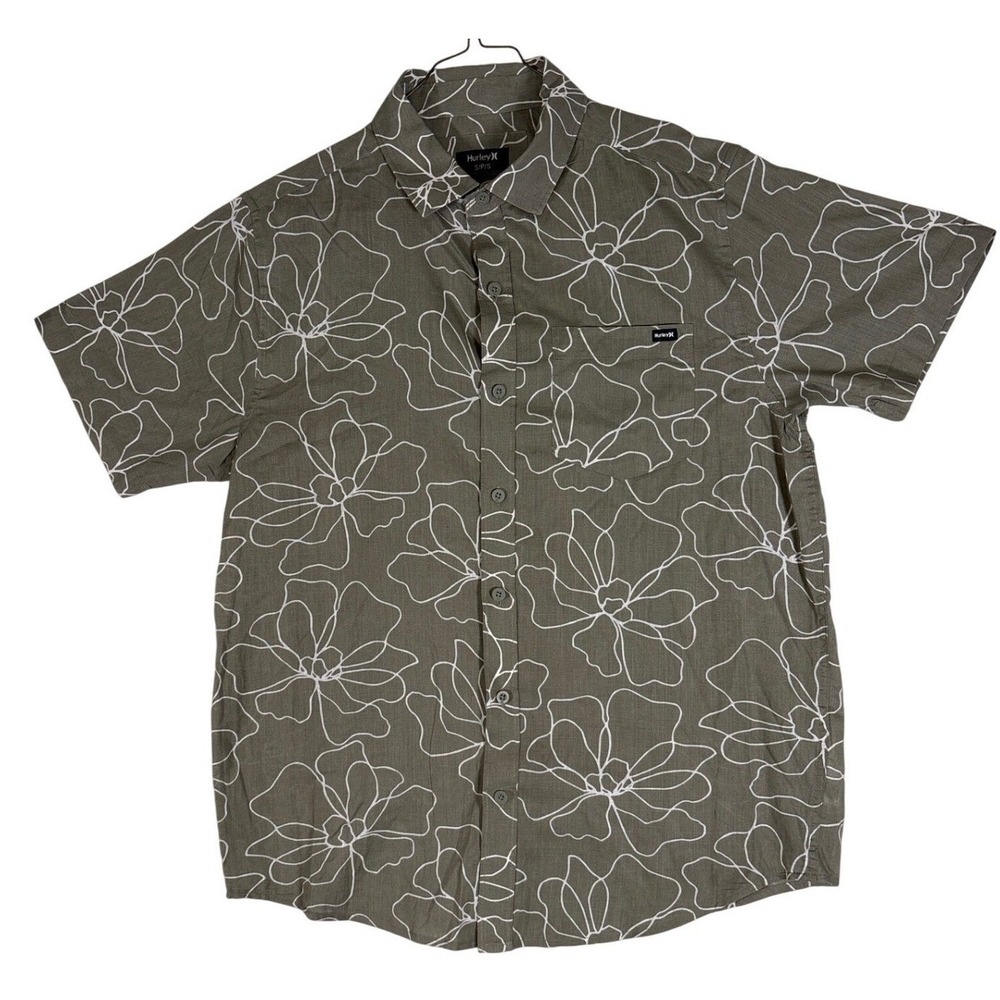 Hurley Mens Floral Outline Short Sleeve Button Down Shirt Olive Green Small